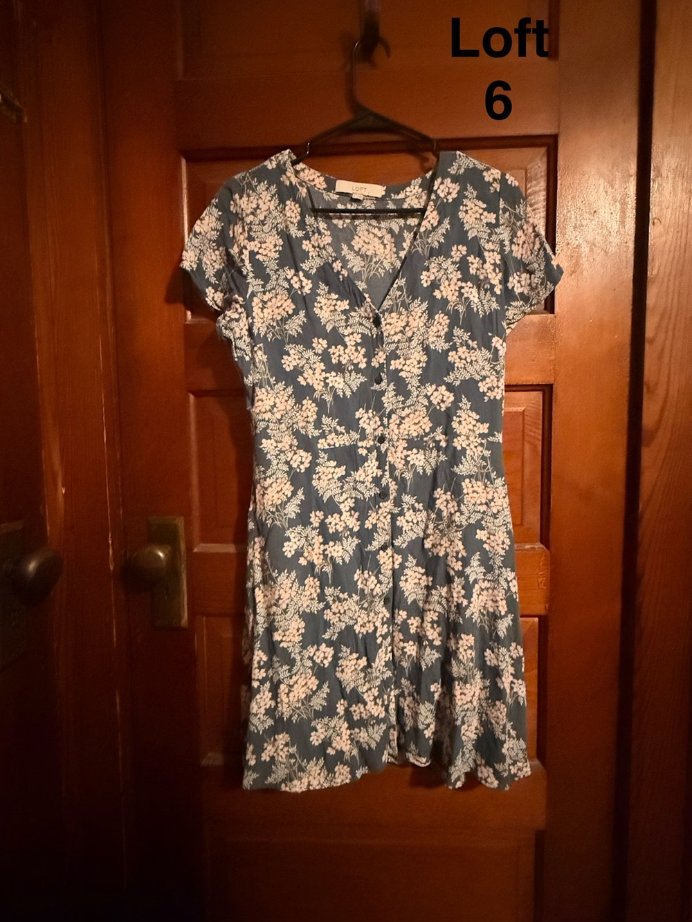 LOFT Blue Floral Short Sleeve Button Front Mini  Dress